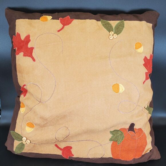 Vintage Autumn Pumpkin Pillow 17x17 Fall Leaves Harvest Decor - Picture 1 of 6
